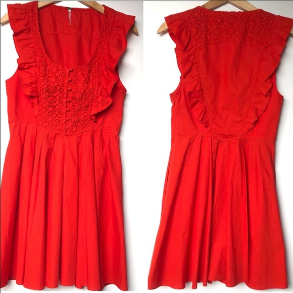 Free People Red Crochet Lace Bib Babydoll Dress - Picture 7 of 10